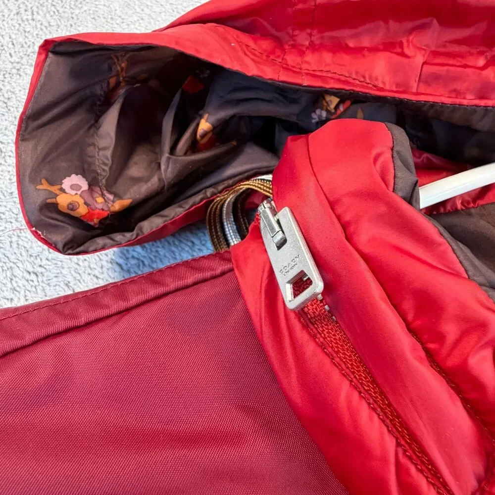 Coach Reversible Puffer Jacket Women S Stowaway Hood Red Brown Floral MSRP $500